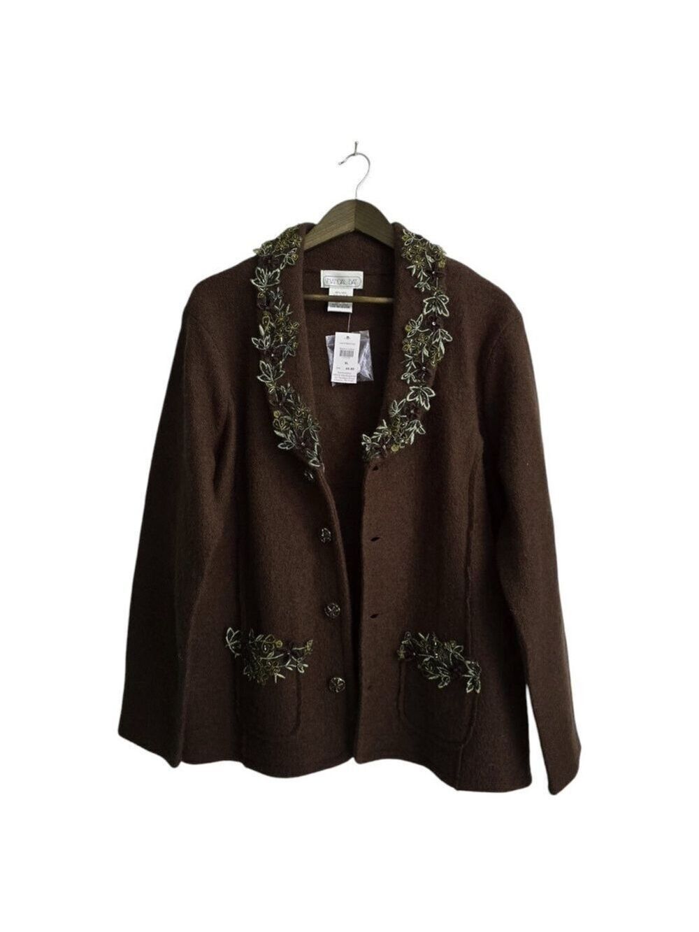 Mandal Bay Brown Wool Applique Beaded Button Up Sweater NWT Sz XL
